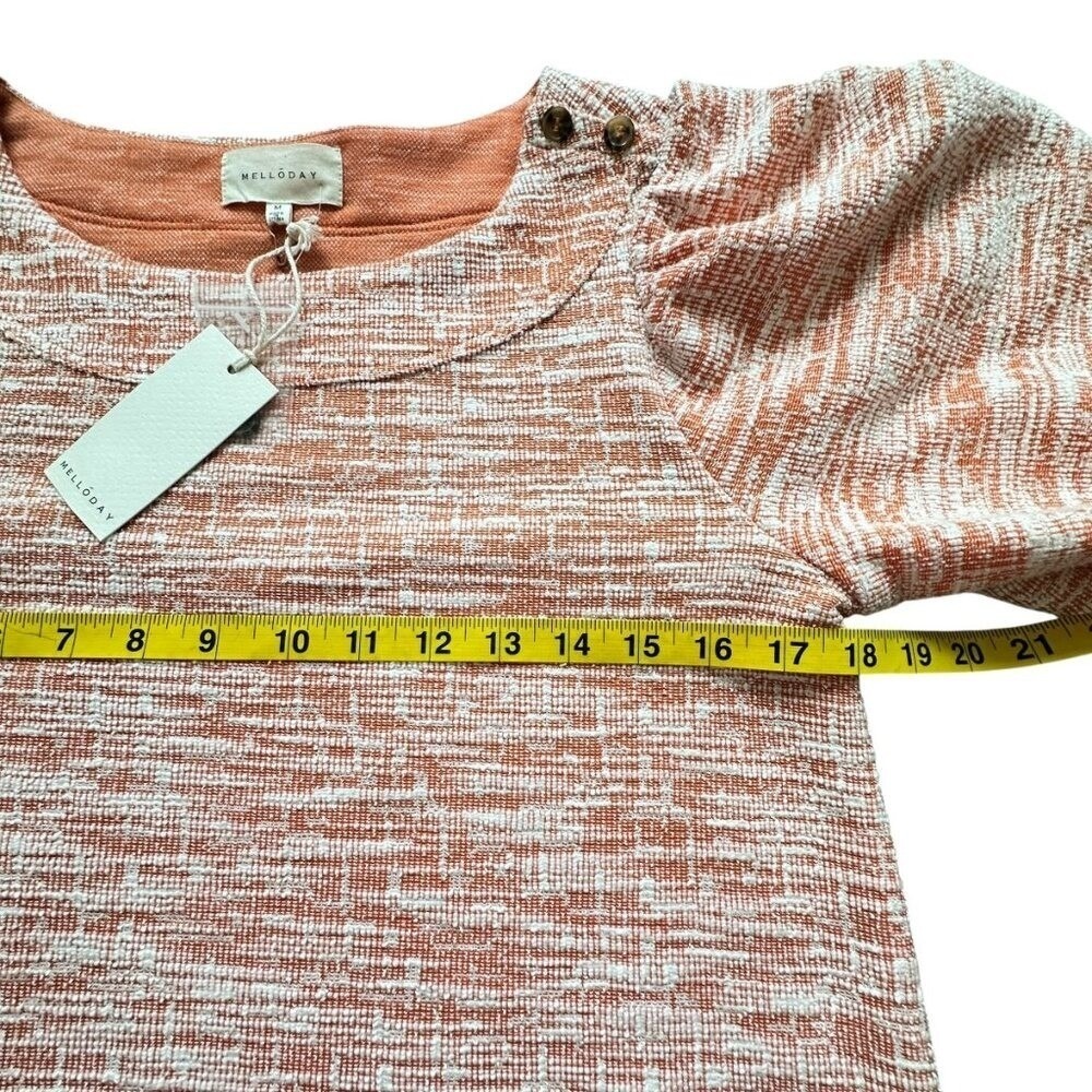 Melloday Knit Top M Orange White Puff Sleeve Tweed Cottagecore Boat Neck Classic - Picture 8 of 14